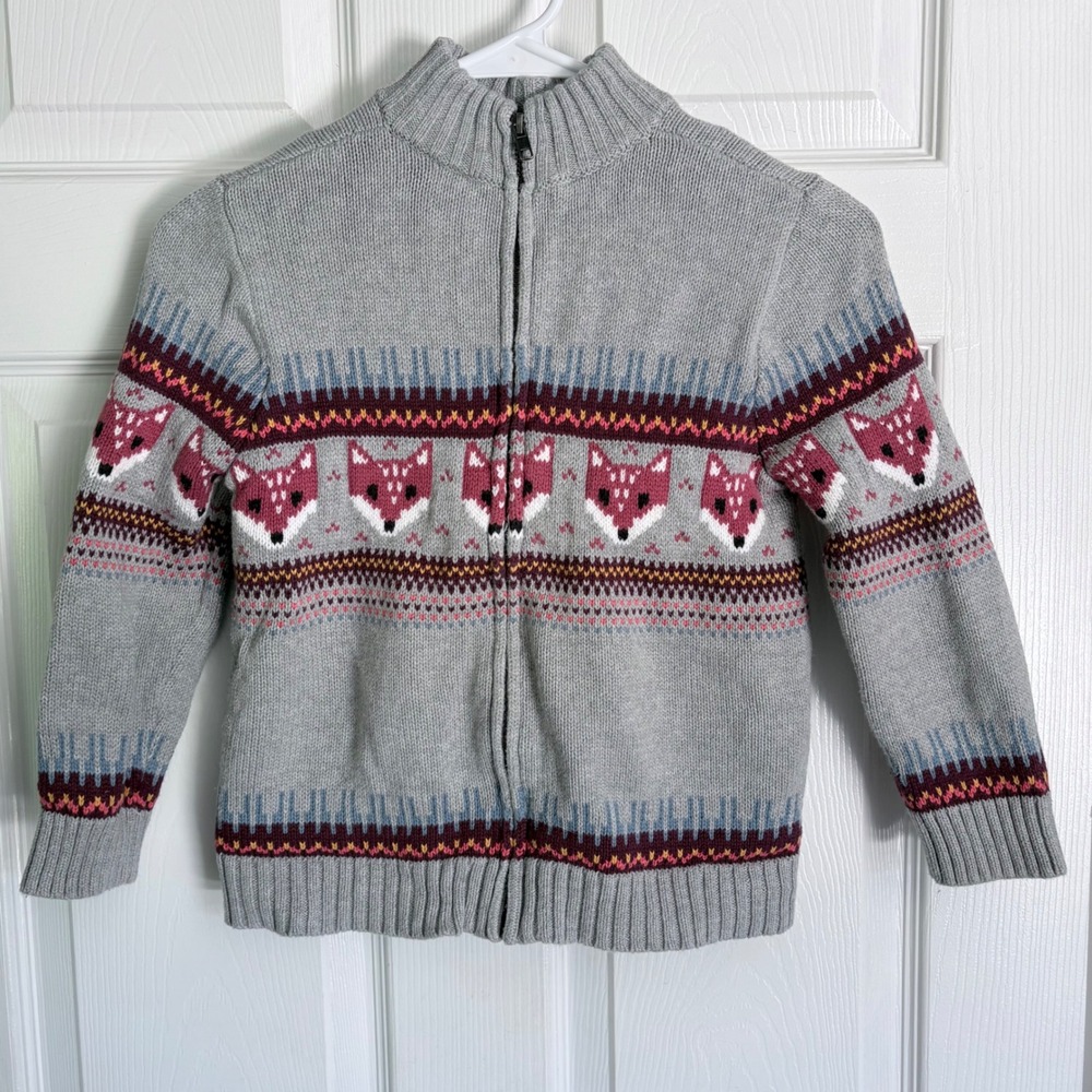 Tea Collection Zip Up Sweater Size 6-7 Gray Fox Fair Isle Cotton Cardigan